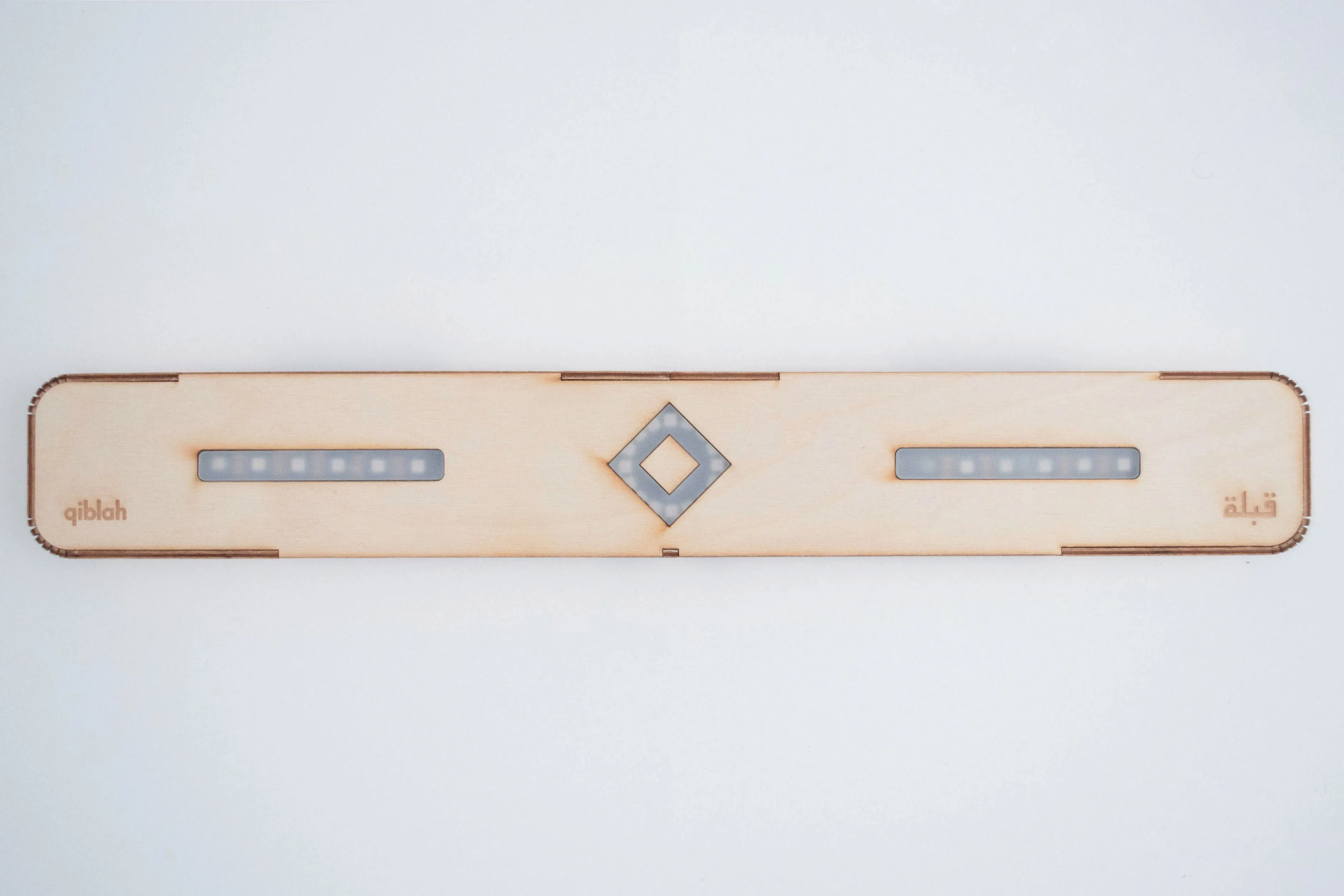 Qiblah prototype. Laser-cut wood, acrylic, LED strips, compass, Raspberry Pi, Arduino.