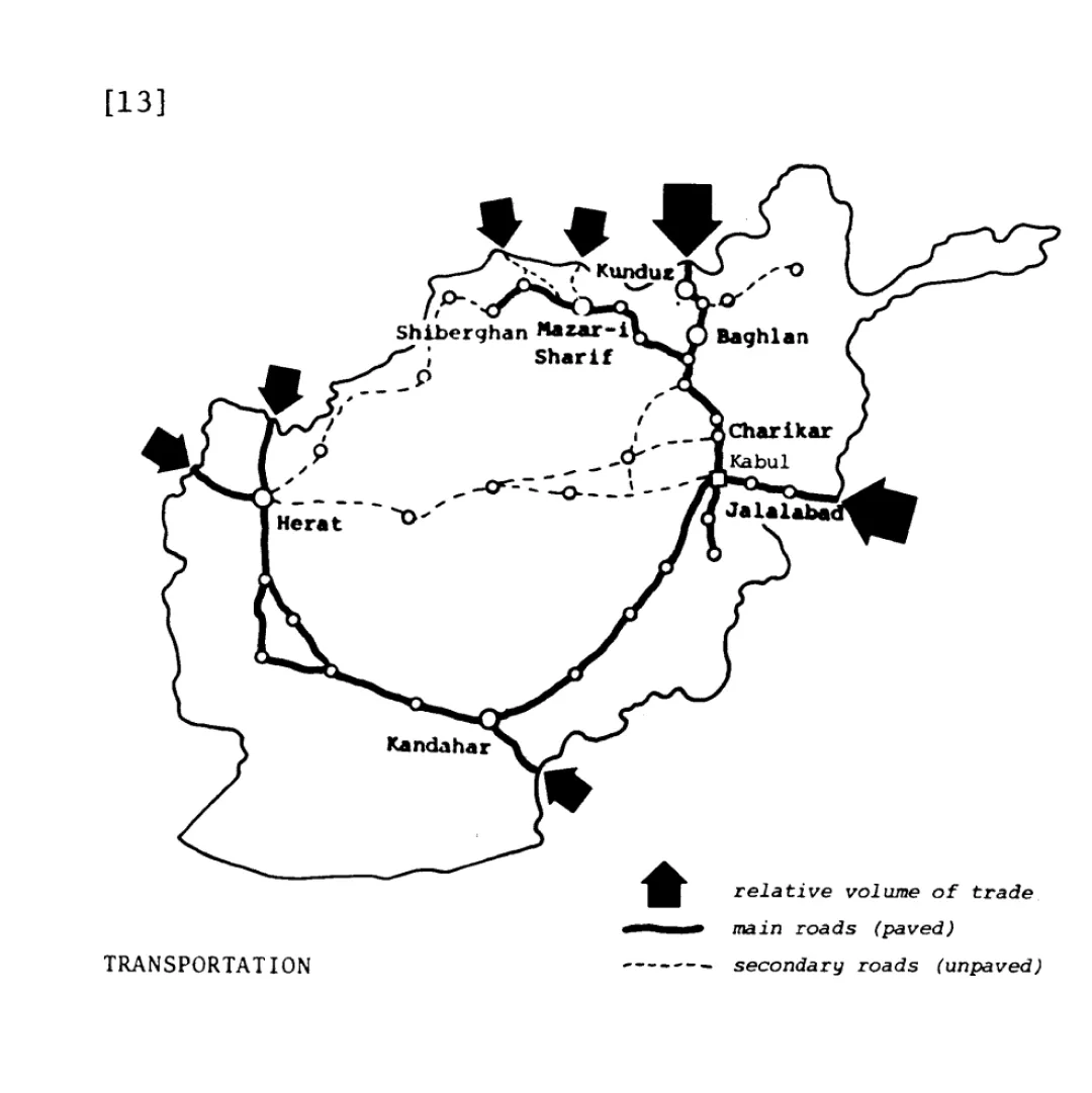 The original source of research that inspired this network was a drawing of the paved and unpaved roads by architect Rafi Samizay. "Rafi Samizay, Urban Growth and Residential Prototypes in Kabul, Afghanistan by M. Rafi Samizay (MIT, 1974), 13."